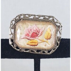 Antique 1920's-1930's Goofus Glass Intaglio  Rose Floral With C Clasp Brooch